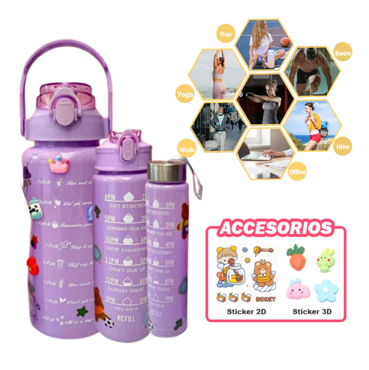 Trio Botella Motivacional Sticker Pines